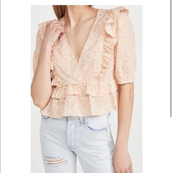 WAYF Navi Ruffled Cotton Peplum Top - Peach XS - Picture 1 of 9